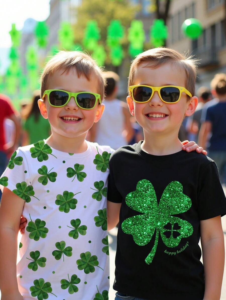 SHEIN 2 件套年轻男孩四叶草圣帕特里克节印花 T 恤，圆领短袖针织，休闲日常百搭图案 T 恤，春夏季，适合外出、家居服、圣帕特里克节、拍照 - 綠色 - 查看 1