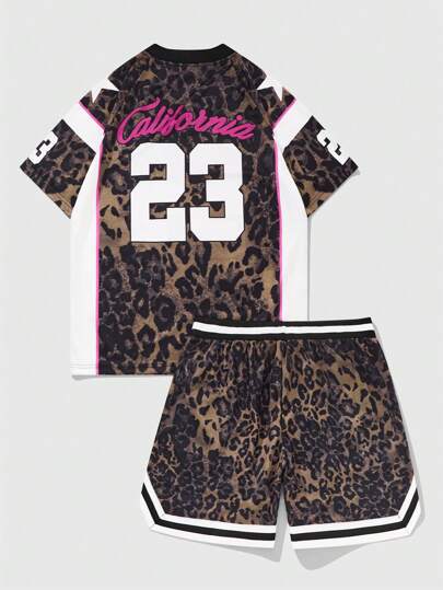 Prep 2pcs Men's Leopard Printed Basketball Jersey And Shorts Set, Casual And Simple For Everyday Wear