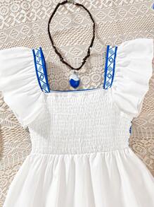 Blusa casual de vacaciones con estampado azul y ribete de volantes para niña preadolescente