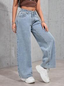 SHEIN PETITE 休闲洗水直筒牛仔裤 - 藍色 - 查看 4