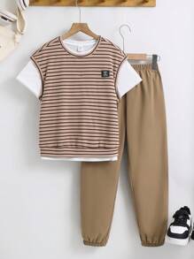 SHEIN Leap Crew 3pcs/Set Tween Boys' Casual Striped Vest, Short Sleeve Tee And Long Pants Set, Suitable For Commuting, School, Everyday Casual Wear, Sports, Spring/Summer - Khaki - View 3