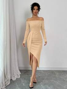 Elenzga Vestido de mujer con hombros descubiertos, fruncido, abertura alta y diseño con perlas - Caqui - Ver 6