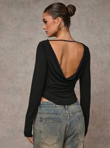 SHEIN BAE Women's Fashionable Sexy Solid Color Plunge Neck Backless T-Shirt