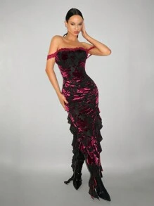 SHEIN ICON Off Shoulder Floral Burn-Out Flocked See-Through High Slit Flare Trim Dress - Burgundy - View 3