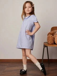 PrepCrw 年轻女孩春夏格纹编织领蝴蝶结连衣裙