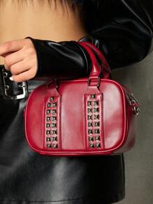 SHEIN ICON 女士时尚朋克铆钉手提包、街头风格单肩包、Y2K 时尚 - 紅色 - 查看 2