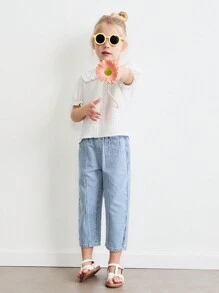 SHEIN Young Girls' Cute Rabbit Ear Collar Contrast Lace Ruffle Lantern Sleeve Loose White Blouses, Spring - White - View 3