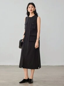 Dazy-Less Vestido camisero holgado de un solo color con bolsillo de carga y abertura, estilo casual de negocios para mujer, vestido de verano