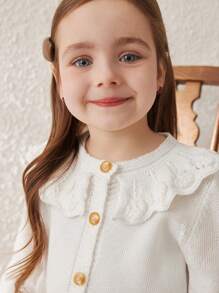 SHEIN Young Girls Elegant Ruffled Collar Knit Cardigan, Spring/Summer - White - View 7