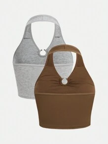 2pcs/Set Teenager Girls' Fashionable Halter Neck Camisoles, Grey + Brown