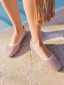 Styleloop Women's Fashion Square Toe Casual/Office Hook-And-Loop Breathable Hollow Mesh Slip-On Flat Shoes, Apricot - Pink - View 6