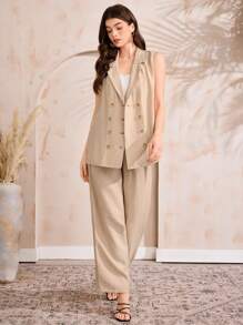 Seusyu Modest Casual Blazer And Pants Women 2 Pieces Suit Set - Khaki - View 1