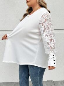 SHEIN CURVE+ Blusa elegante de manga larga con cuello redondo y encaje en contraste para mujeres talla grande, para primavera y otoño, blusa blanca de talla grande para uso casual, de fiesta o de negocios con detalles de lentejuelas - Blanco - Ver 7