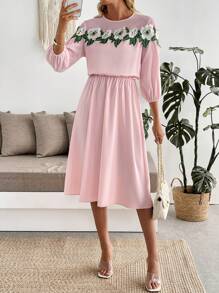 SHEIN Clasi Abito elegante da donna in chiffon con patchwork, ricamo floreale, collo rotondo, maniche a 3/4 e maniche a lanterna - Rosa - Visualizzare 1