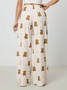 SHEIN Tall Women's Plaid Cartoon Bear Print Drawstring Waist Wide Leg Casual Pants - Apricot - View 2