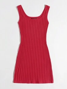 SHEIN Essnce 羅紋針織包臀連衣裙 - 紅色 - 查看 3