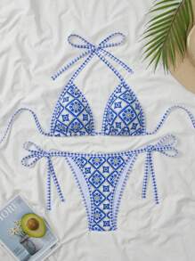 SHEIN Swim 2pcs/Set Spring Break Random Print Multicolor Triangle Halter Sexy Elegant Vacation Bikini Swimsuit Set, For Pool Party - Multicolor - View 4