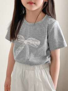 Dazy Kids Girl Casual Bow Print Short Sleeve T-Shirt,Girls Summer Outfits - Grey - View 1