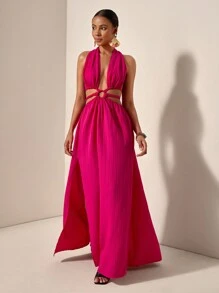 Zivah 新款春夏休闲度假挂脖露肩露背腰环装饰腰部辫子装饰两侧高开衩至大腿玫红色条纹纹理梭织面料女式长裙-B