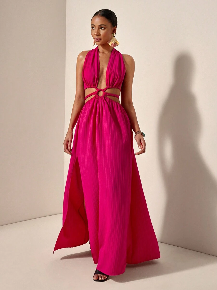 Zivah 新款春夏休闲度假挂脖露肩露背腰环装饰腰部辫子装饰两侧高开衩至大腿玫红色条纹纹理梭织面料女式长裙-B