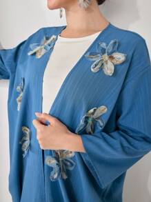Veilorie 2pcs Women Set: Floral Decor Long Sleeve Jacket And Pants