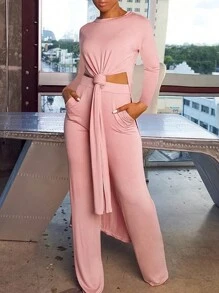 SHEIN Slayr Set de 2 piezas con top de manga larga y pantalones largos de unicolor casual para mujer