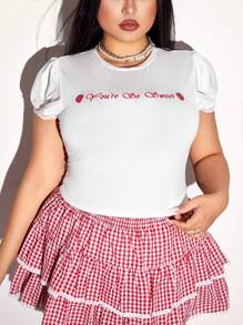 SHEIN ICON Maglietta con maniche a palloncino e stampa slogan con fragola, per taglie comode, primavera/estate