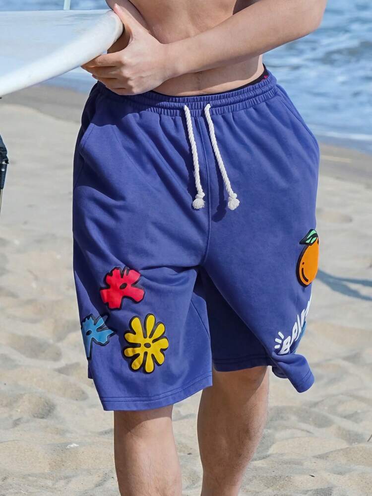 Men's Blue Letter Print Beach Shorts, Summer Holiday