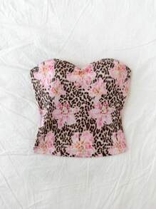 Soleia Parte superior ajustada y linda con decoración de estampado de leopardo y flores, apropiada para vacaciones, té de la tarde, fiestas, citas, Día de San Valentín y todo el año - Multicolor - Ver 4