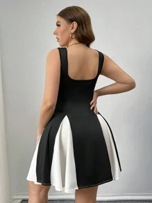 Flirla Plus Size Women's Fashion Contrast Color Simple Square Neck Dress For Summer - Black and White - View 2