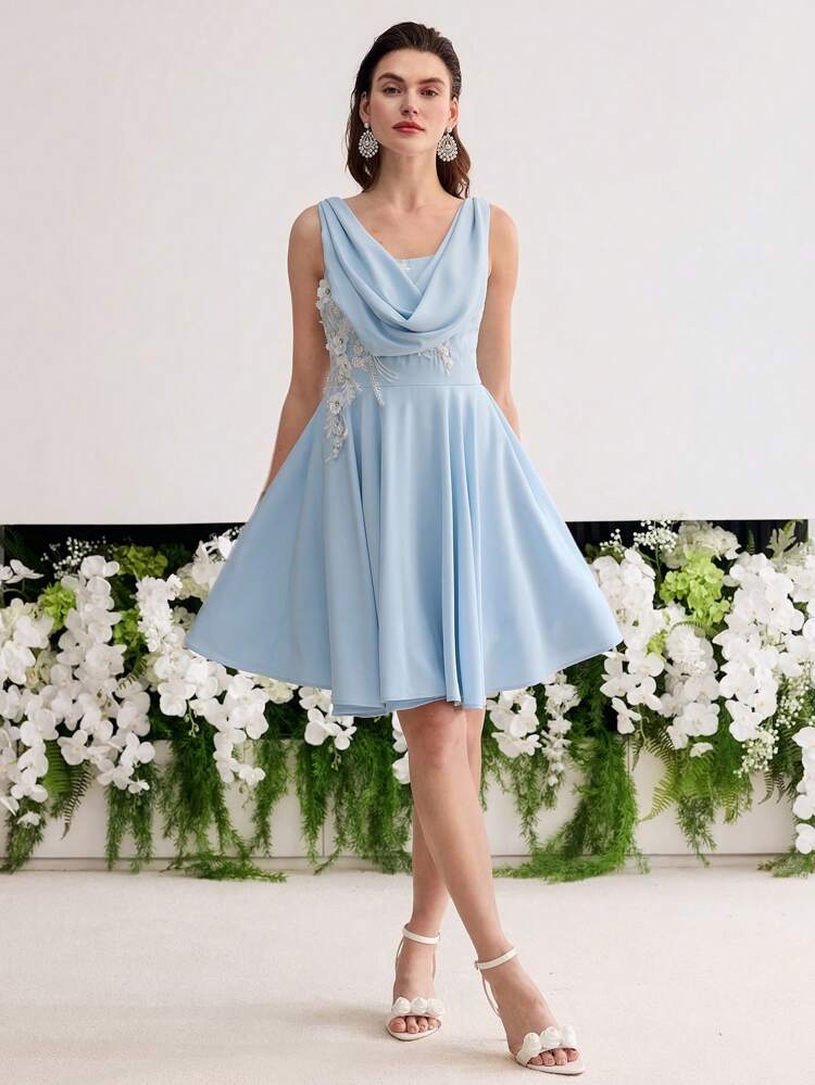 FLORAL EMBROIDERY COWL NECK DRESS