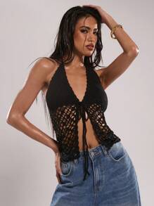 SHEIN BAE Women Solid Color Lace-Up Front Hollow Out Halter Neck Knit Top - Black - View 6