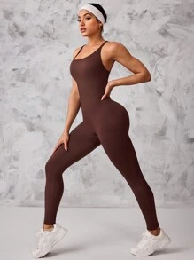 Gameset SHEIN Sport Solid Color Criss-Cross Open Back Seamless Gym Jumpsuit - Brown - View 4