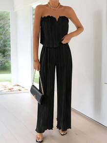 Firerie 女士优雅简约深绿色 V 领短款上衣和阔腿裤套装 - 黑色 - 查看 6