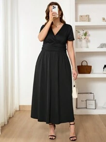 SHEIN Frenchy 大码女式束腰休闲时尚黑色口袋连衣裙 - 黑色 - 查看 5