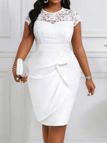 Fleurora 春夏秋冬休闲优雅婚礼白色针织蕾丝圆领铅笔中长短袖大码连衣裙 - 白色 - 查看 7