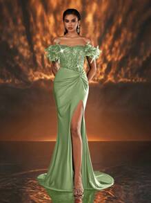 Glamrae 优雅奢华的祖母绿露肩毛茸茸袖子，带有透明亮片面板，弹力面料，开衩鱼尾裙，婚礼宾客礼服，适合婚礼、派对、毕业典礼、庆典、鸡尾酒会礼服、派对礼服、正式礼服、晚礼服、长袍 - 綠色 - 查看 8