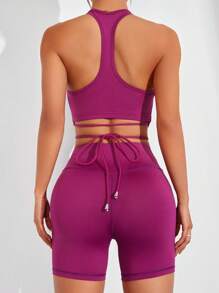 SHEIN Sports Women's Solid Color Round Neck Camisole And Shorts Sports Suit - Red Violet - View 2