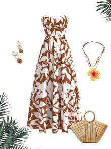 Vivid Eden Robe bandeau imprimée de plantes décontractée de vacances pour femmes - Kaki - Voir 1