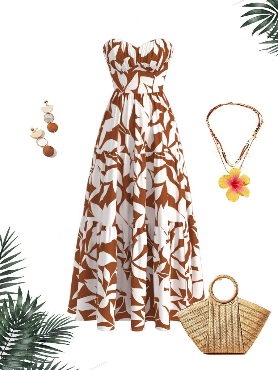 Vivid Eden Robe bandeau imprimée de plantes décontractée de vacances pour femmes - Kaki - Voir 1