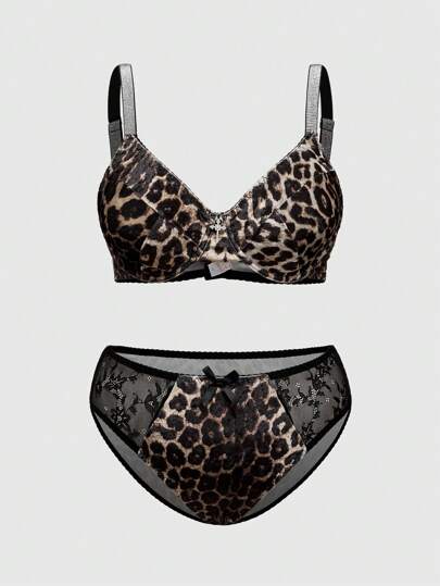 Grunge Punk Plus Size Dark Punk Leopard Print Silver-Tone Strap Lingerie Bralette Triangle Panty Set