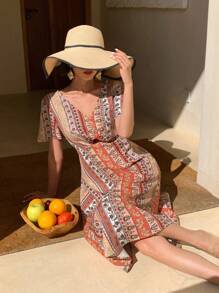 DAZY Midi-Kleid mit Blumenmuster und V-Ausschnitt für Frauen, Outfit für Kreuzfahrten, Boho-Urlaubsoutfit für Frauen - Rot - Übersicht 3