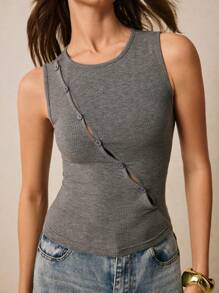 Poéselle Parte superior tipo tank de mujer informal de punto elástico con ajuste ceñido, cuello redondo, diseño con abertura, botones delanteros y unicolor, top de primavera para mujer