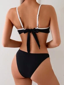 SHEIN Swim 女士可调节肩带荷叶边简约细肩带比基尼套装，撞色设计，适合夏季海滩度假 - 黑與白 - 查看 2