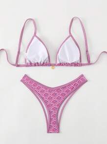 Swim Mod Spring Break Women Summer Random Floral Print Spaghetti Strap Top And High-Cut Bikini Swimwear Set - Multicolor - View 2