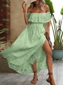Breezaya 露肩荷叶边饰开衩长裙度假海滩装女款 - 薄荷綠 - 查看 4