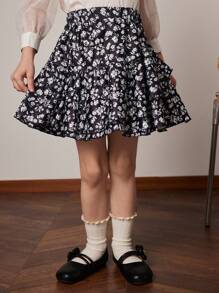 PrepCrw Young Girls Black Bowknot Printed Loose Elastic Waist A-Line Mid-Length Skirt, Spring/Summer - Multicolor - View 7
