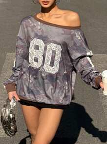 Pull femme épaules dénudées camouflage, pull casual sport blocs de couleurs, printemps et automne