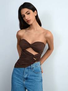 Lumivelle Figurbetontes ärmelloses Crop Top in Unifarbe mit verdrehter, gefalteter, ausgeschnittener asymmetrischer Abzugskante, sexy, elegant, glamourös, Y2K, minimalistisch, lässig für Damen, Frühling/Sommer