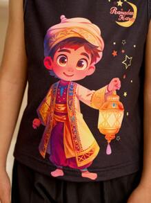 Ramadan Character Print Round Neck Casual Tank Top For Young Boy